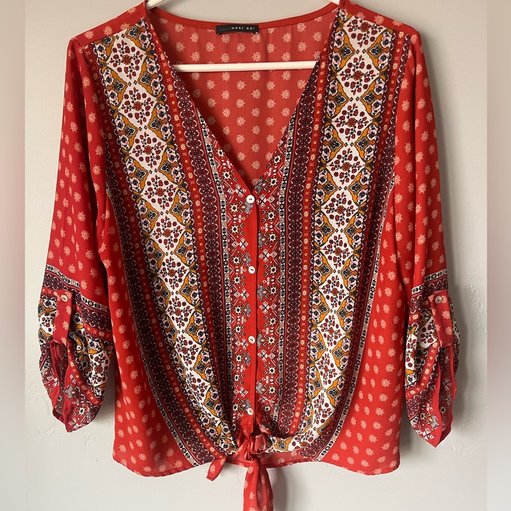 Red Floral Button-Up Blouse
